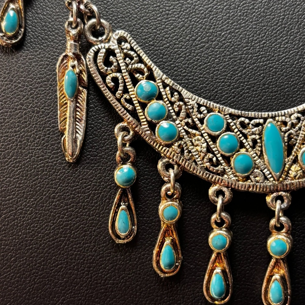 Boho Necklace Blue Enamel Silver Tone Gorgeous